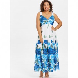 Plus Size Floral Sleeveless Maxi Dress (BLUE)