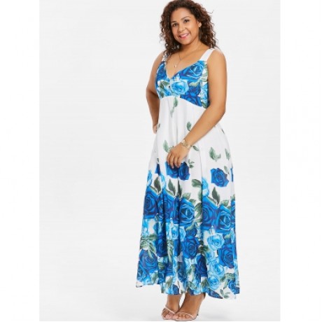 Plus Size Floral Sleeveless Maxi Dress (BLUE)