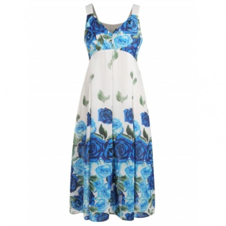 Plus Size Floral Sleeveless Maxi Dress (BLUE)