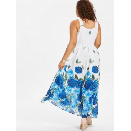 Plus Size Floral Sleeveless Maxi Dress (BLUE)