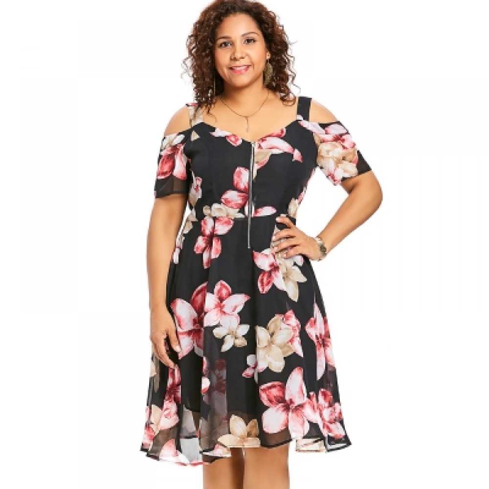 Plus Size Cold Shoulder Floral Dress (BLACK)