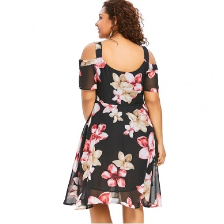Plus Size Cold Shoulder Floral Dress (BLACK)