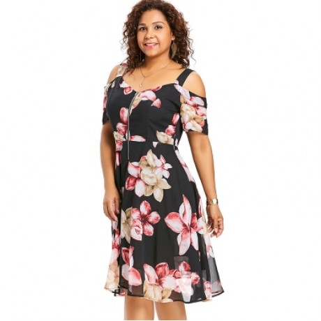 Plus Size Cold Shoulder Floral Dress (BLACK)