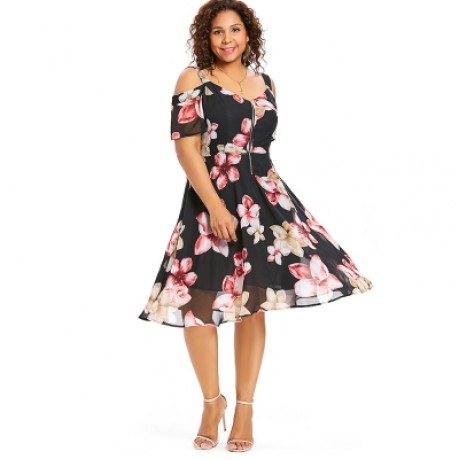 Plus Size Cold Shoulder Floral Dress (BLACK)