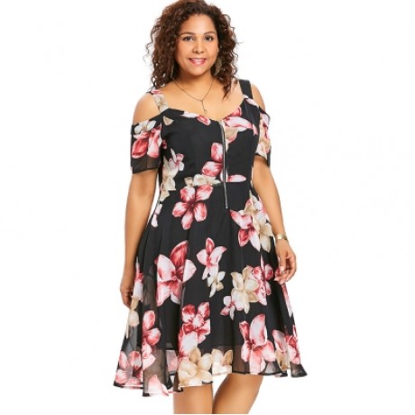 Plus Size Cold Shoulder Floral Dress (BLACK)