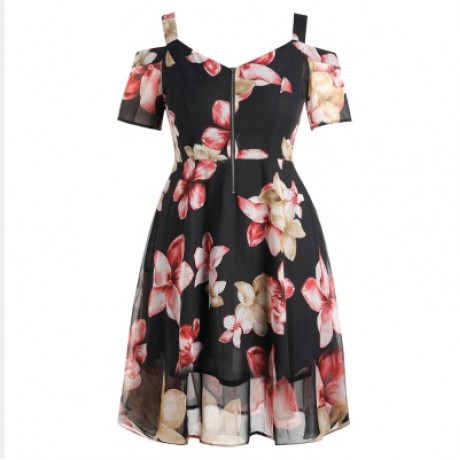 Plus Size Cold Shoulder Floral Dress (BLACK)