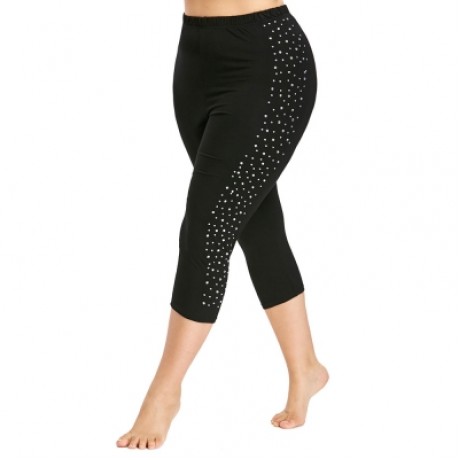 Rhinestone Embellished Plus Size Capri Leggings (BLACK)
