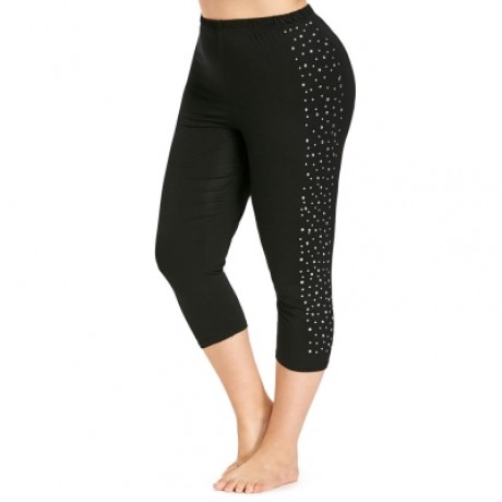 Rhinestone Embellished Plus Size Capri Leggings (BLACK)