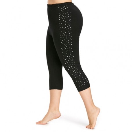 Rhinestone Embellished Plus Size Capri Leggings (BLACK)
