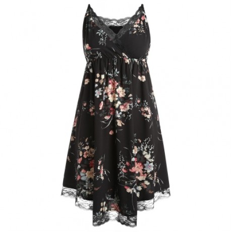 Plus Size Sleeveless Tiny Floral Surplice Dress (BLACK)