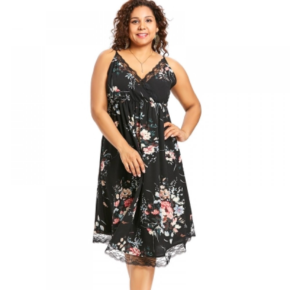 Plus Size Sleeveless Tiny Floral Surplice Dress (BLACK)