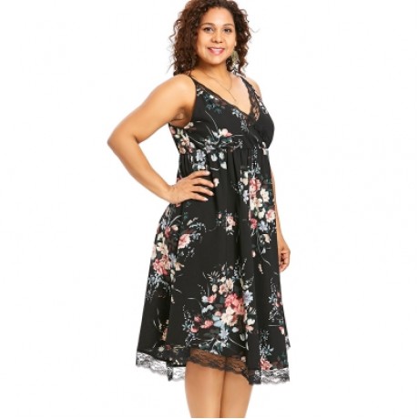 Plus Size Sleeveless Tiny Floral Surplice Dress (BLACK)