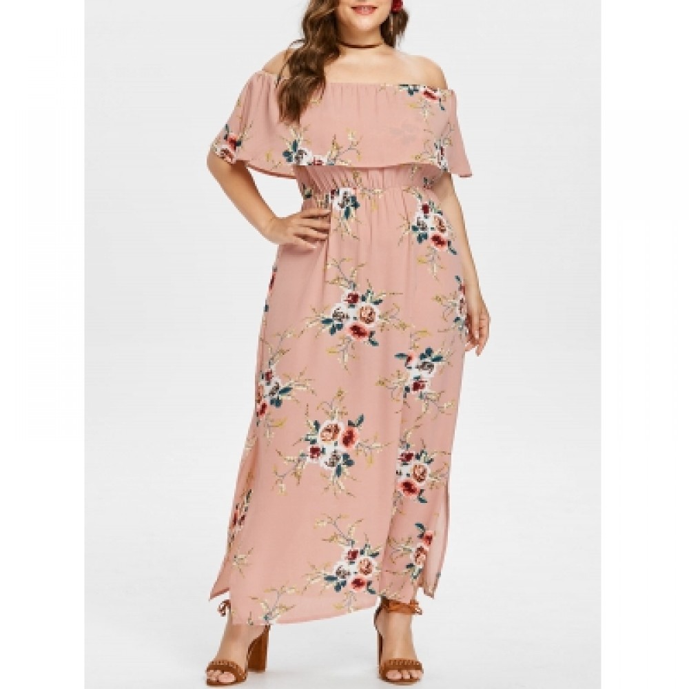 Plus Size Slit Flower Print Dress (ORANGE PINK)
