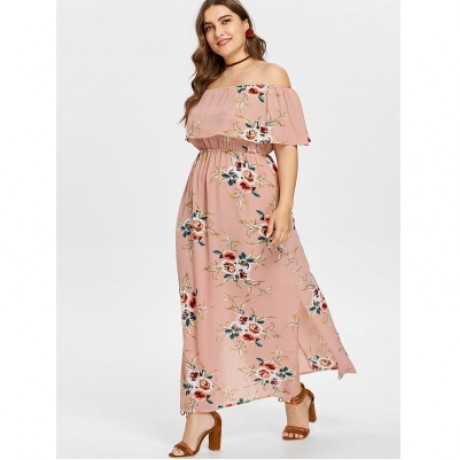 Plus Size Slit Flower Print Dress (ORANGE PINK)