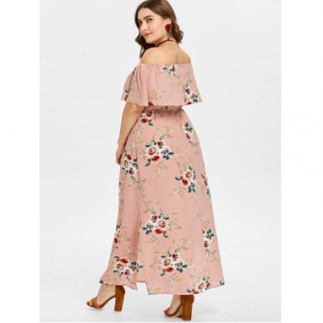 Plus Size Slit Flower Print Dress (ORANGE PINK)