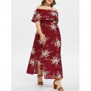 Plus Size Slit Flower Print Dress (RED WINE)
