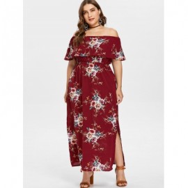 Plus Size Slit Flower Print Dress (RED WINE)