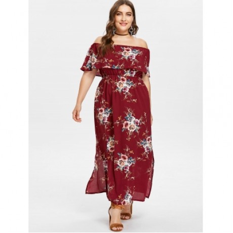 Plus Size Slit Flower Print Dress (RED WINE)