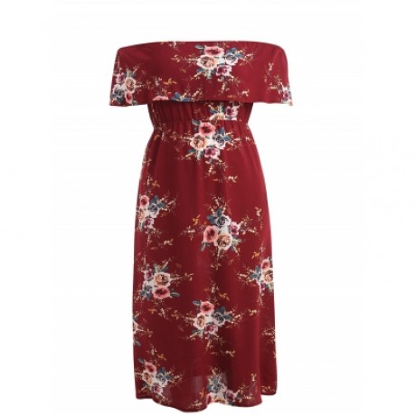 Plus Size Slit Flower Print Dress (RED WINE)