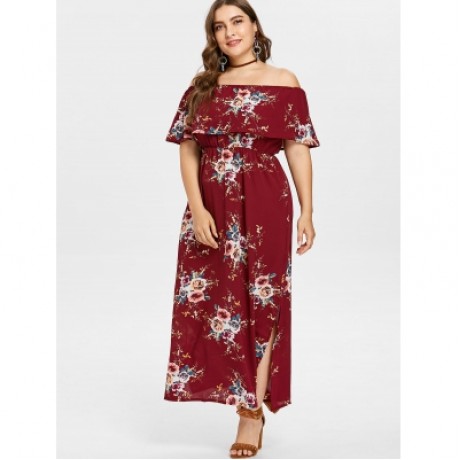 Plus Size Slit Flower Print Dress (RED WINE)