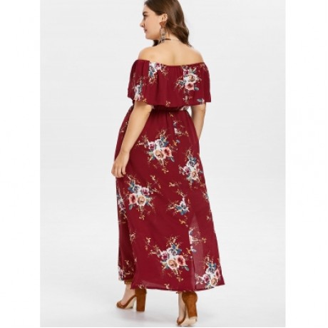 Plus Size Slit Flower Print Dress (RED WINE)