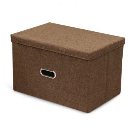 Linen Fabric Foldable Basket Cube Organizer Storage Bin Container with Lid (COFFEE)