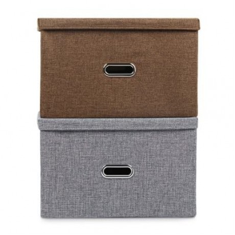 Linen Fabric Foldable Basket Cube Organizer Storage Bin Container with Lid (COFFEE)