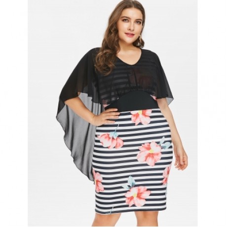 Plus Size Floral Striped Tight Dress (BLACK)