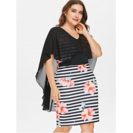 Plus Size Floral Striped Tight Dress (BLACK)