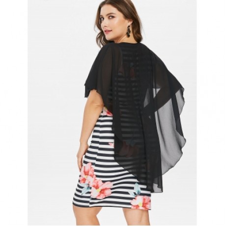 Plus Size Floral Striped Tight Dress (BLACK)