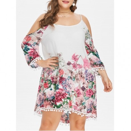 Plus Size Casual Cold Shoulder Print Dress (WHITE)