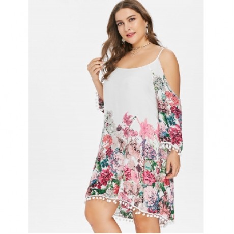 Plus Size Casual Cold Shoulder Print Dress (WHITE)