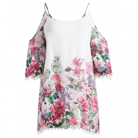 Plus Size Casual Cold Shoulder Print Dress (WHITE)