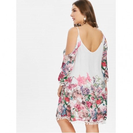 Plus Size Casual Cold Shoulder Print Dress (WHITE)