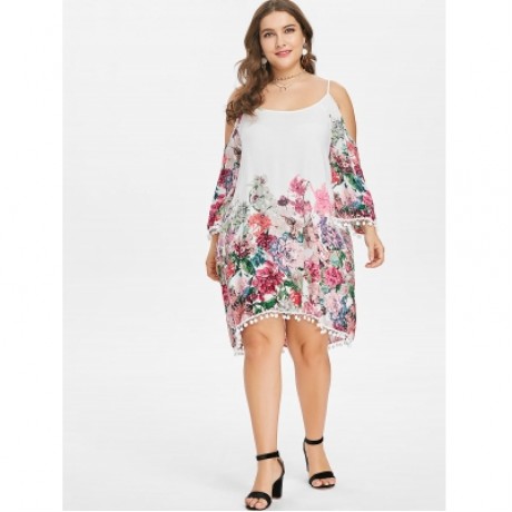Plus Size Casual Cold Shoulder Print Dress (WHITE)