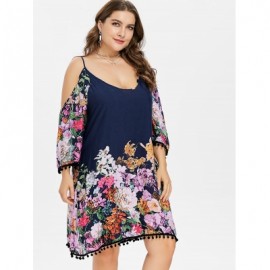 Plus Size Casual Cold Shoulder Print Dress (DARK SLATE BLUE)