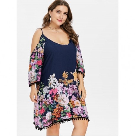Plus Size Casual Cold Shoulder Print Dress (DARK SLATE BLUE)