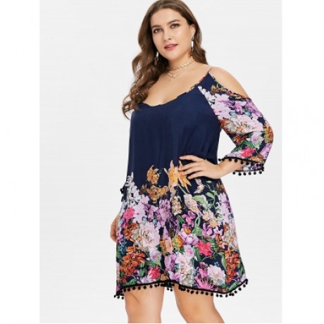 Plus Size Casual Cold Shoulder Print Dress (DARK SLATE BLUE)