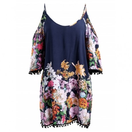 Plus Size Casual Cold Shoulder Print Dress (DARK SLATE BLUE)