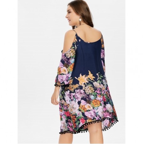 Plus Size Casual Cold Shoulder Print Dress (DARK SLATE BLUE)