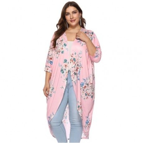 Collarless 3/4 Sleeve Floral Print Plus Size Kimono Women Open Front Blouse (PINK)