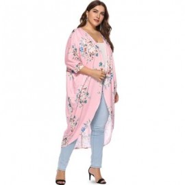 Collarless 3/4 Sleeve Floral Print Plus Size Kimono Women Open Front Blouse (PINK)