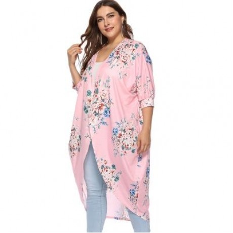 Collarless 3/4 Sleeve Floral Print Plus Size Kimono Women Open Front Blouse (PINK)