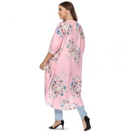 Collarless 3/4 Sleeve Floral Print Plus Size Kimono Women Open Front Blouse (PINK)