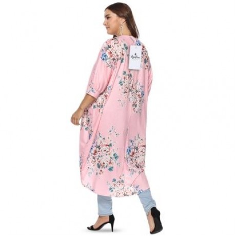 Collarless 3/4 Sleeve Floral Print Plus Size Kimono Women Open Front Blouse (PINK)