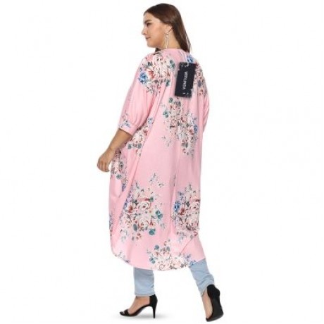 Collarless 3/4 Sleeve Floral Print Plus Size Kimono Women Open Front Blouse (PINK)