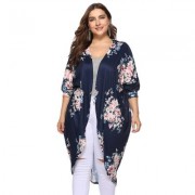 Collarless 3/4 Sleeve Floral Print Plus Size Kimono Women Open Front Blouse (CADETBLUE)