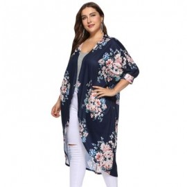 Collarless 3/4 Sleeve Floral Print Plus Size Kimono Women Open Front Blouse (CADETBLUE)