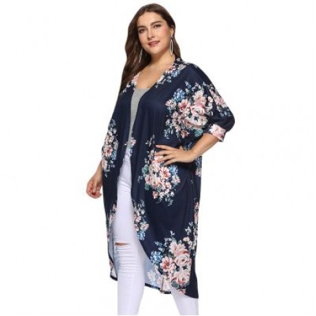Collarless 3/4 Sleeve Floral Print Plus Size Kimono Women Open Front Blouse (CADETBLUE)