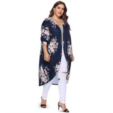 Collarless 3/4 Sleeve Floral Print Plus Size Kimono Women Open Front Blouse (CADETBLUE)